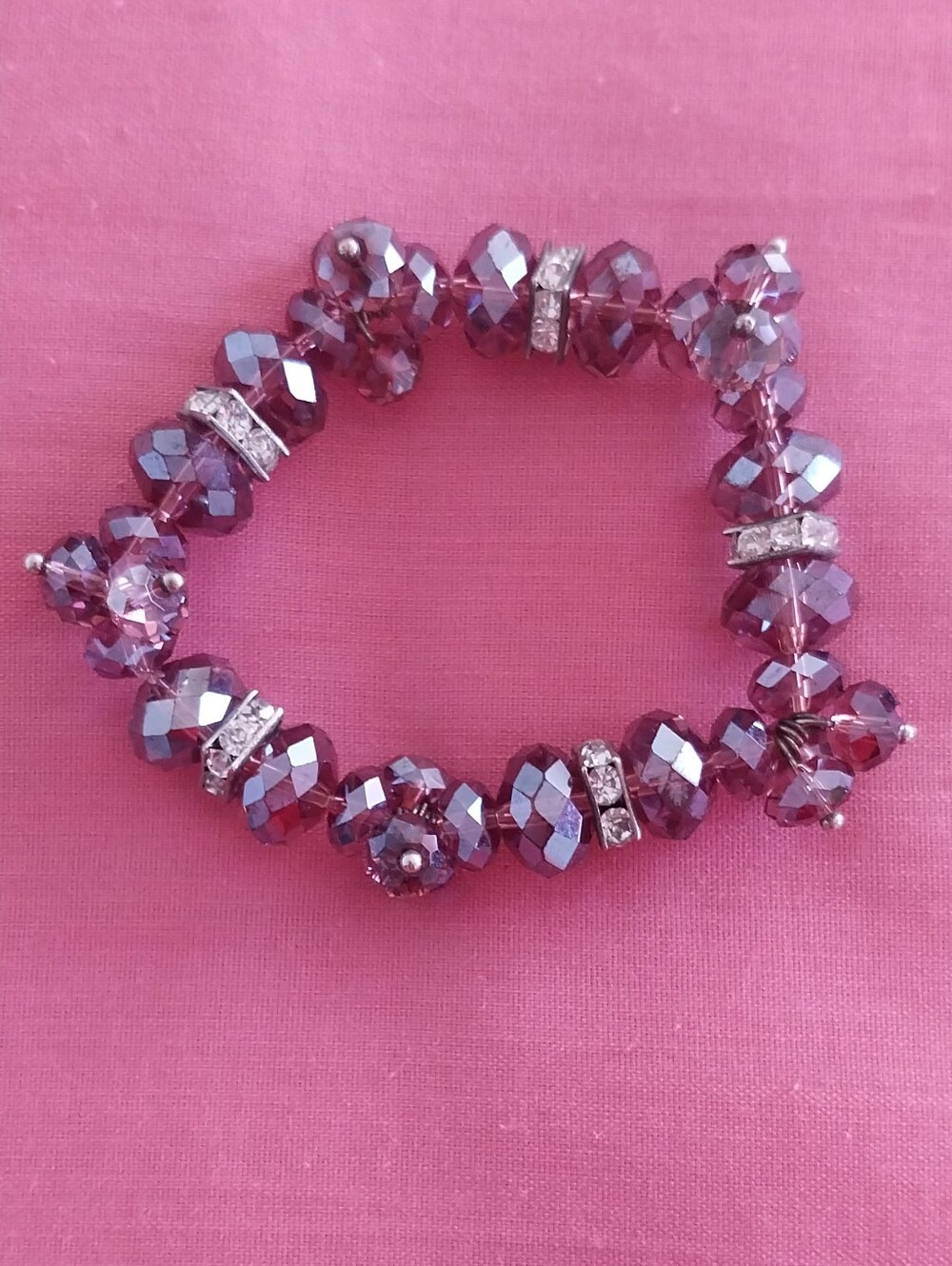Faceted  Glass Bead Stretch Bracelet with Rhinestone Spacers